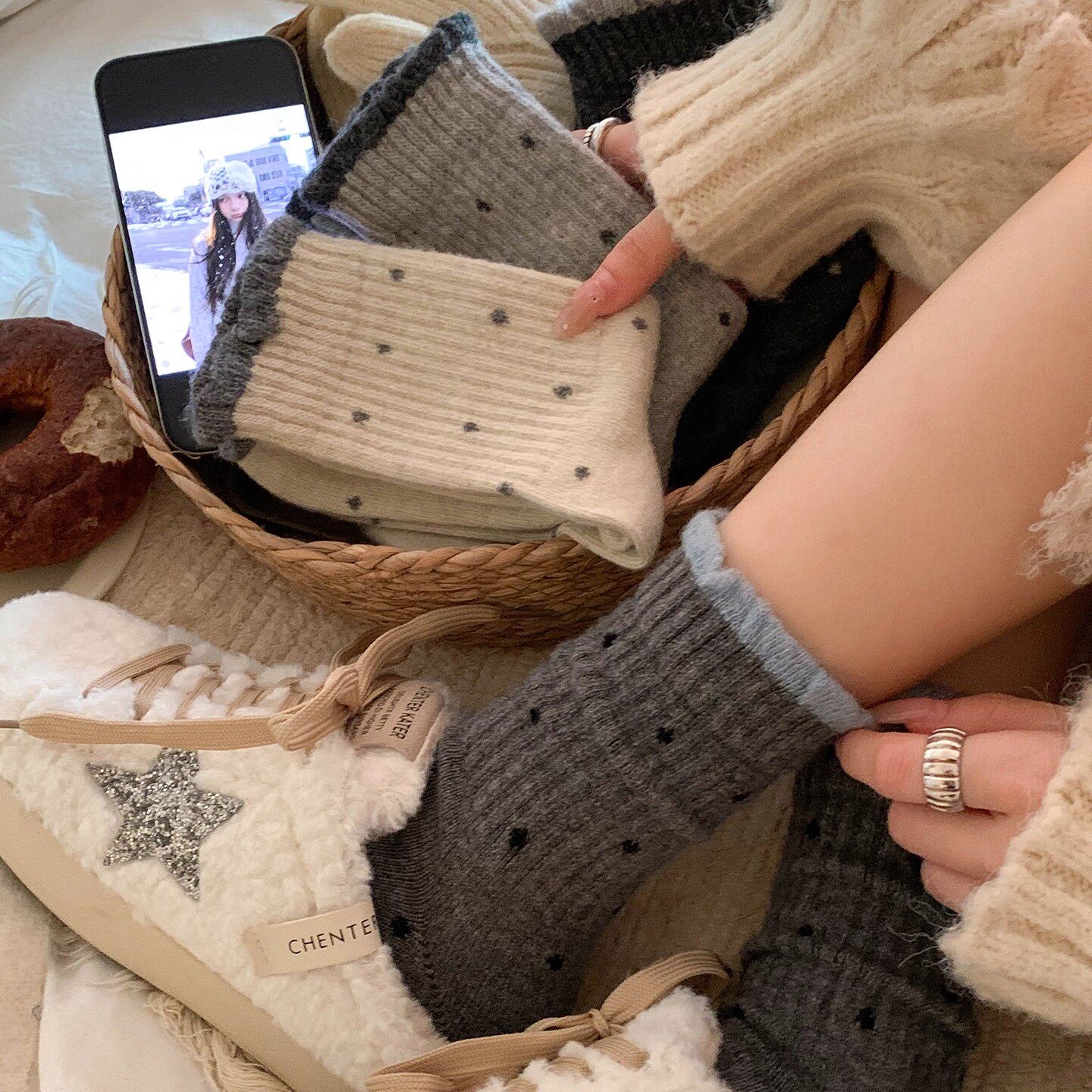 波点花边女中筒长筒袜秋冬保暖
