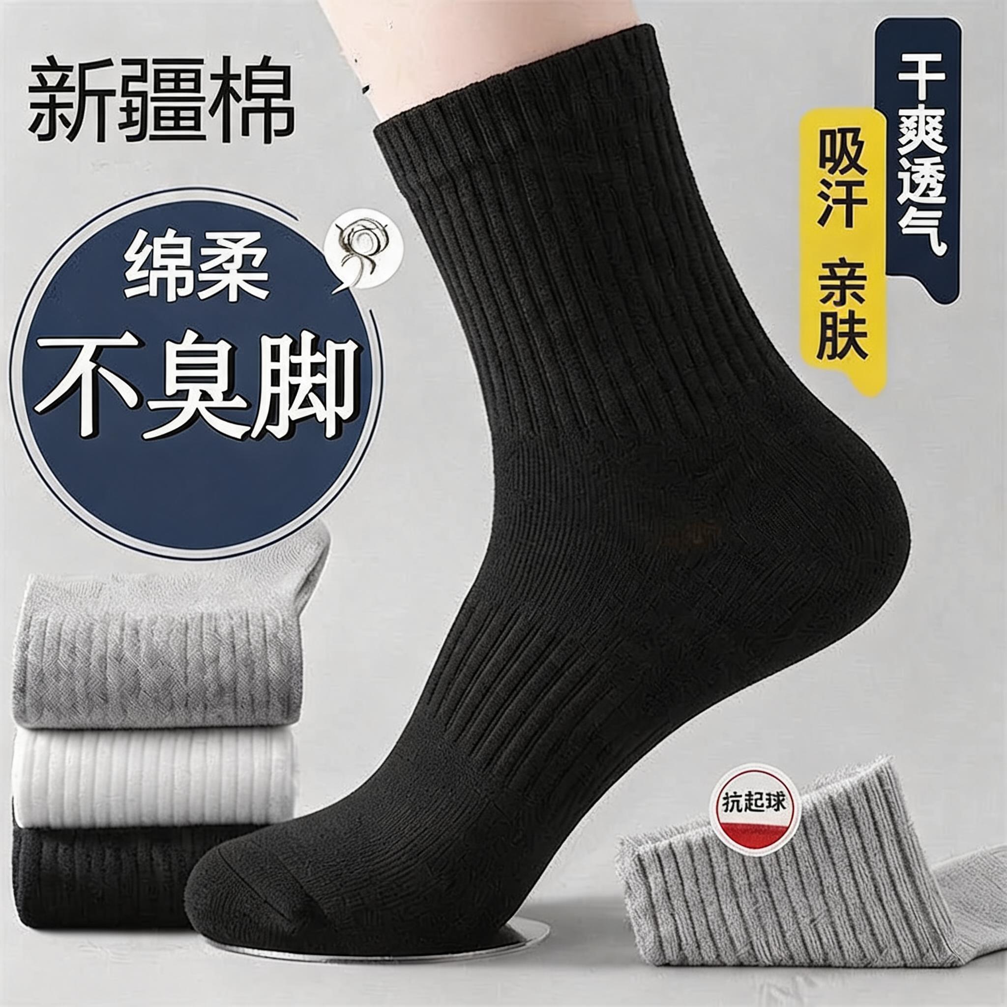 新疆棉黑袜子男女袜四季纯色中筒精梳棉袜运动短袜透气吸汗不臭脚
