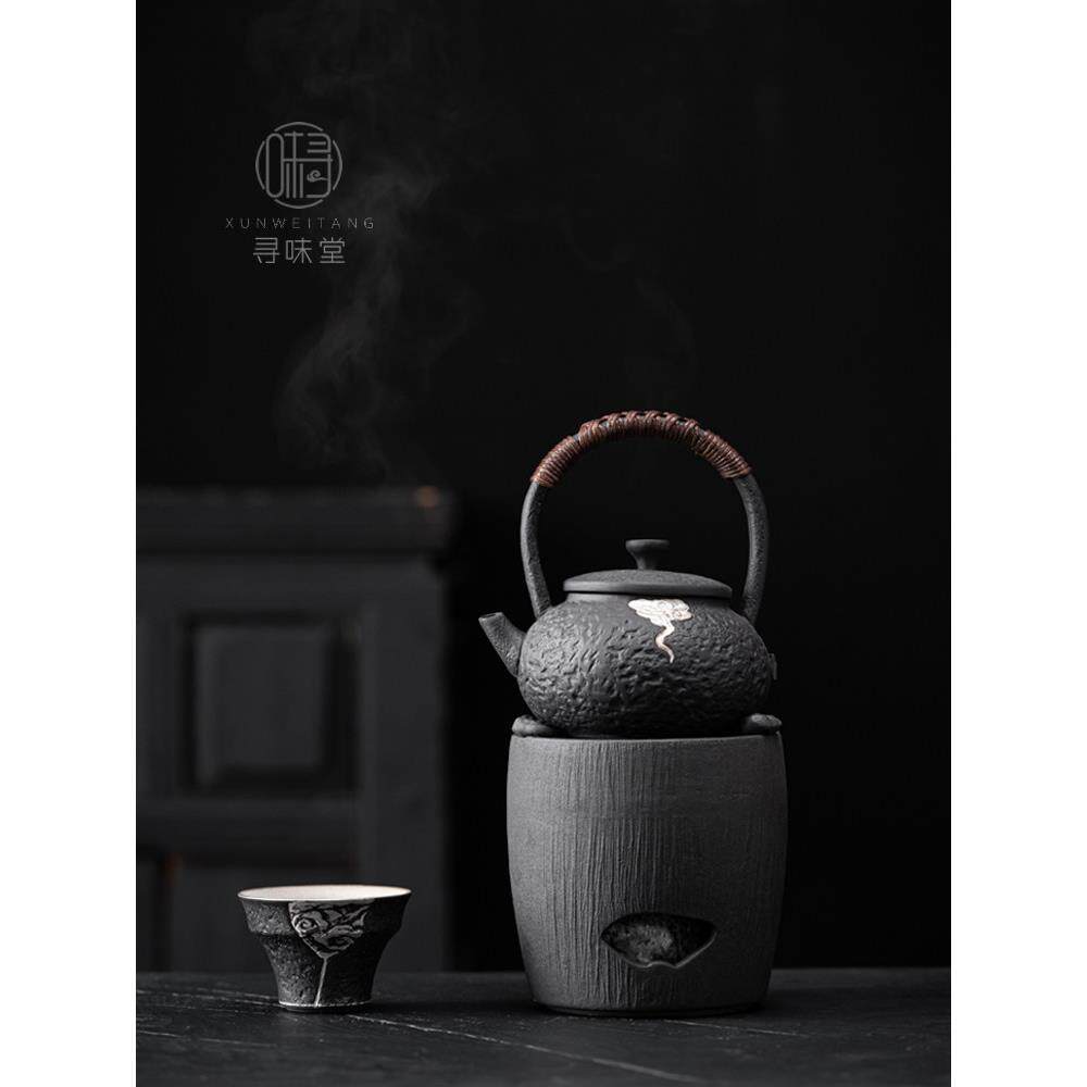 矾黑粗陶煮茶壶酒精炉｜覆古黑色茶壶提梁壶茶炉陶瓷煮茶器侘寂风