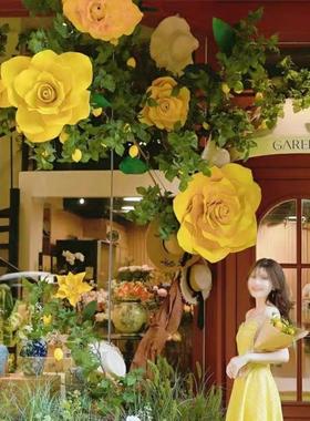 巨型户外EVA仿真黄色玫瑰花婚庆路引橱窗美陈摄影布置纸艺花