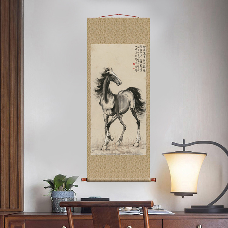 徐悲鸿秋风万里奔马图国画卷轴花鸟画名画真迹复制品中式玄关挂画