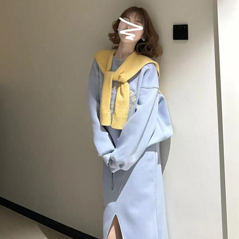 新品2025新款蓝色长袖卫衣连衣裙子女开春季法式气质穿搭一整套装