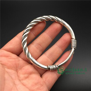 古玩铜器杂项收藏仿古白铜藏银苗银扭丝活口手镯手环老古董老物件