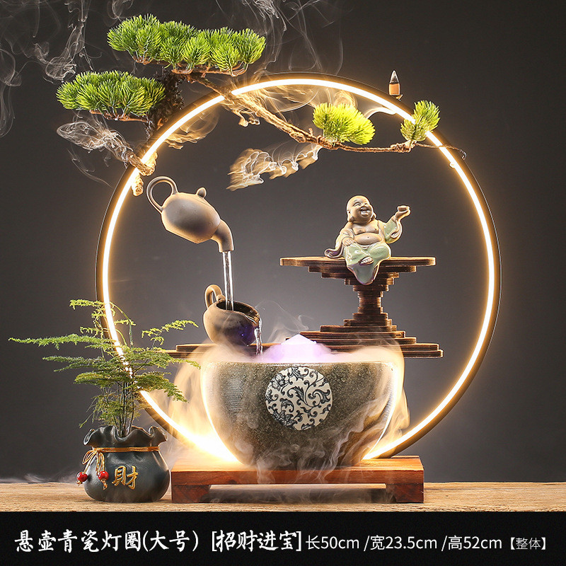 中式流水家居摆件悬壶循环客厅办公室玄关灯圈装饰品开业乔迁礼品