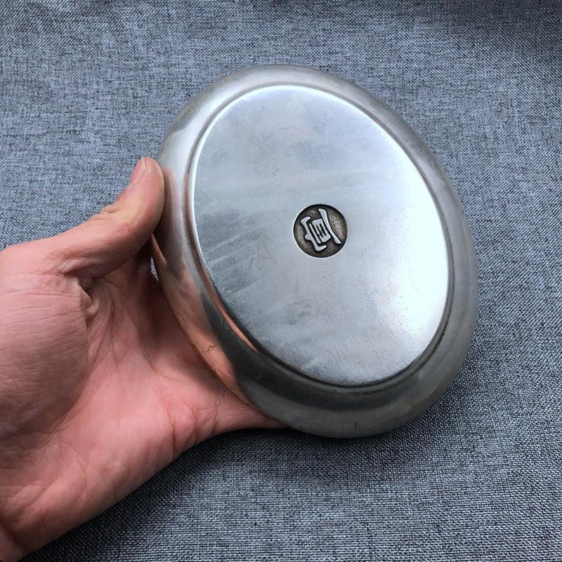 仿古白铜镀银龙凤碟子笔洗盘子银碗款宣字底套装复古雕花椭圆摆件