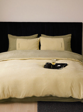 冬季轻奢风加厚雪昵绒四件套双面绒拼接保暖被套1.2m床粉品灰黄色