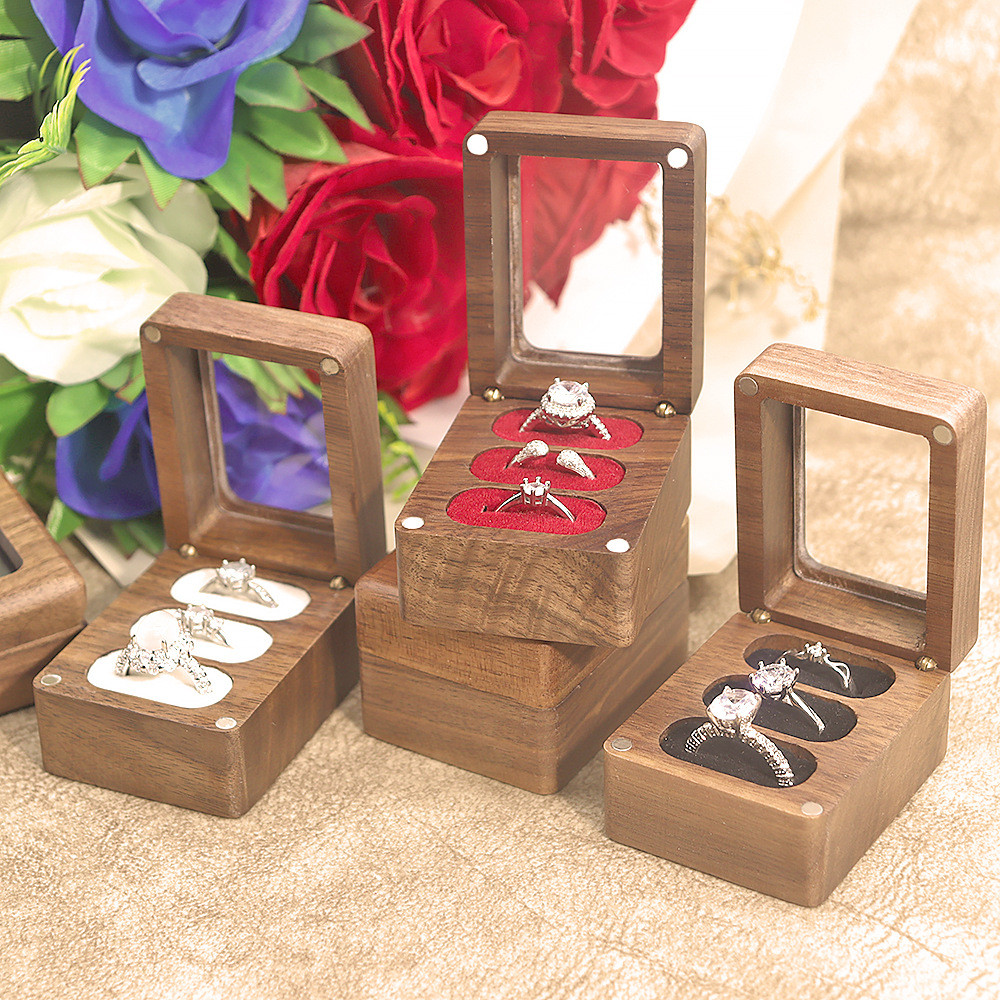 开窗倒角黑胡桃木三戒指槽求婚戒指盒首饰包装三槽盒饰品包装女