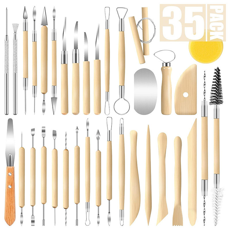 陶艺工具35七本装 软陶泥塑木质雕刻刀件套针切泥线粘土工具