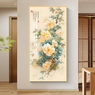 花开富贵牡丹花玄关装饰画新中式入户门过道挂画花鸟客厅走廊壁画