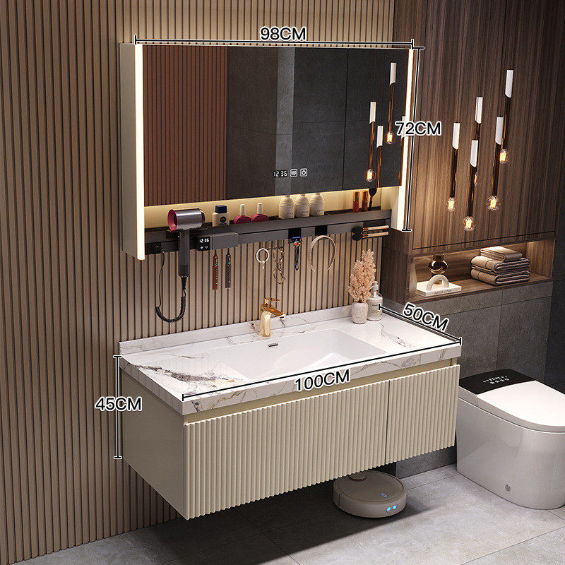 新款圆镜实木岩板陶瓷洗手一体盆浴室柜组合卫生间无缝洗脸洗漱台