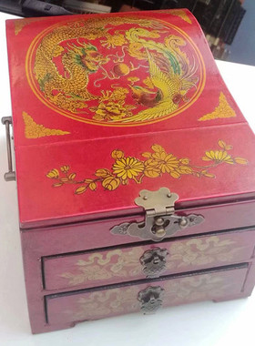 明清工艺梳妆盒仿古木质小镜盒婚庆礼品两抽桌面化妆盒影视道具