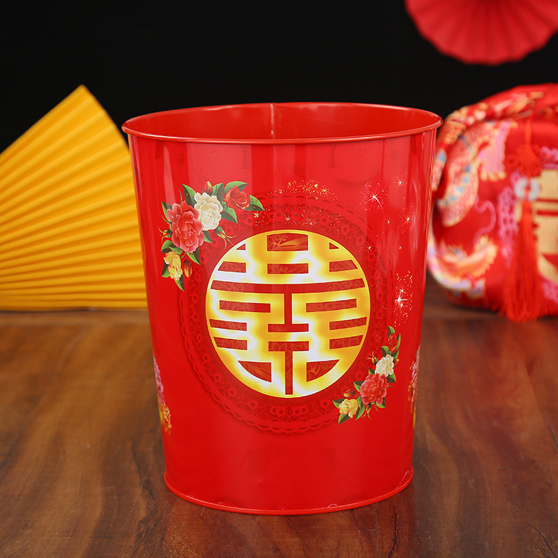 新款结婚用品红色厨房垃圾桶家用客厅卫生间铁质喜字无盖果皮桶