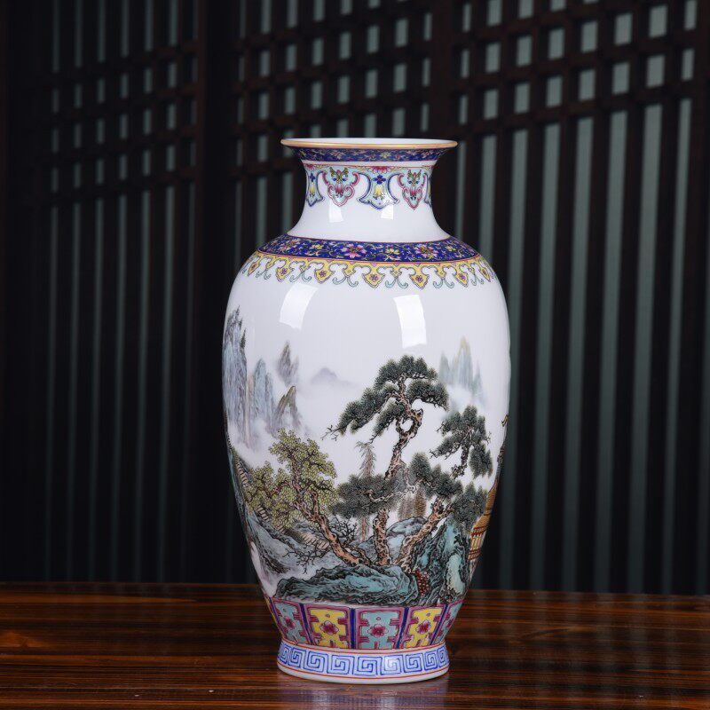 陶瓷花瓶山水画粉彩花鸟插花陶瓷家居客厅电视柜中式摆件装饰品