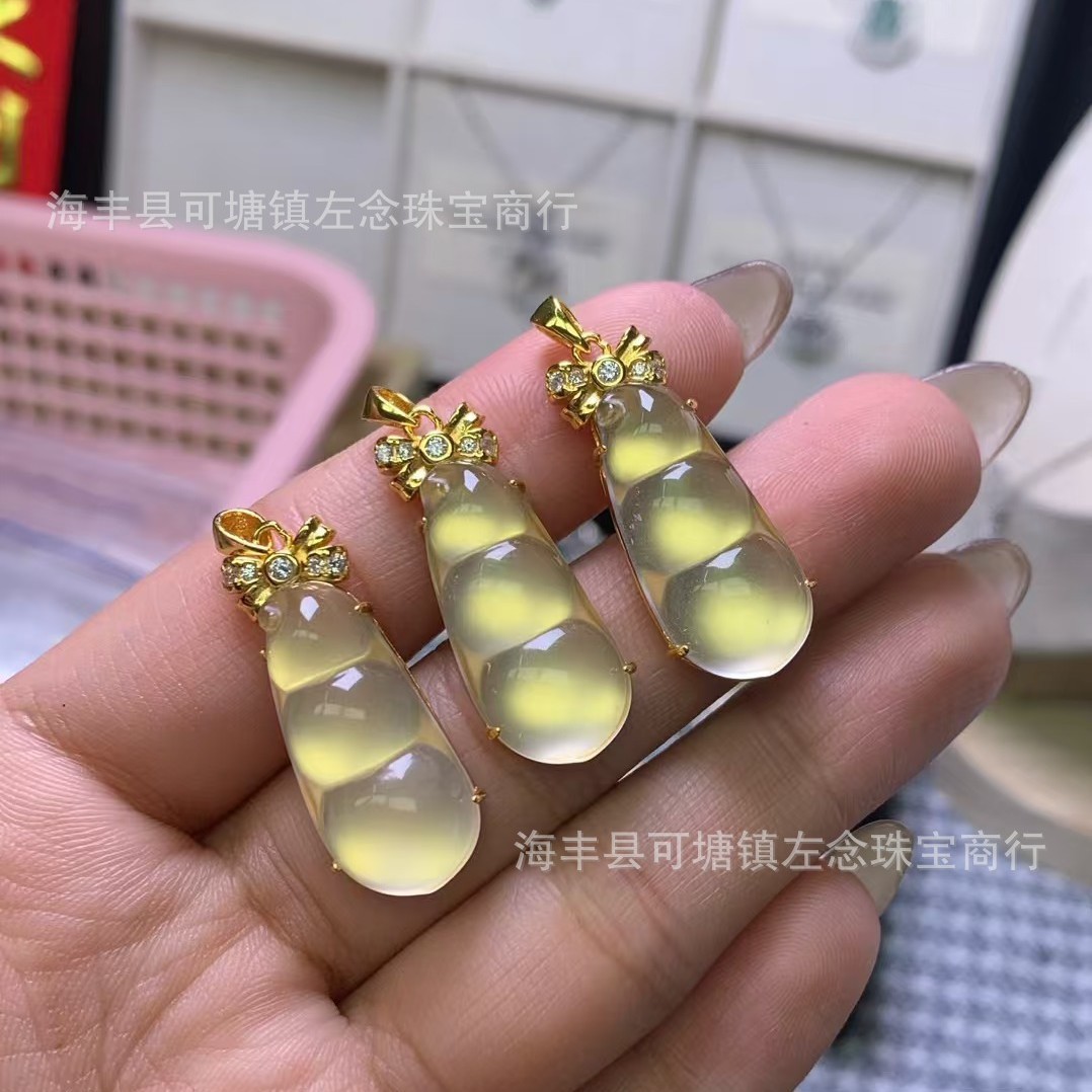 福石英质玉水沫玉四季天然豆吊坠s25银新中式宫廷风蝴蝶结福豆