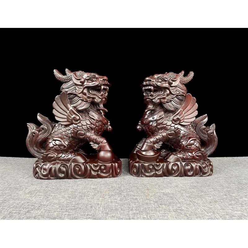 花梨办公桌麒麟摆件实木瑞兽一对家居客厅木雕装饰红木工艺礼品