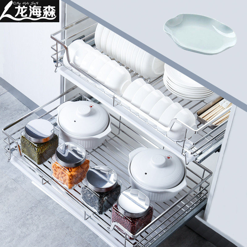 爆款龙海森厨房橱柜拉篮304不锈钢收纳调味篮碗架碗篮抽屉式碗碟
