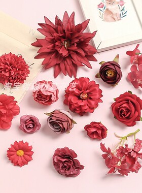 红色系仿真花 假花玫瑰花 绢花 diy手作材料  汉服簪花学士帽配件