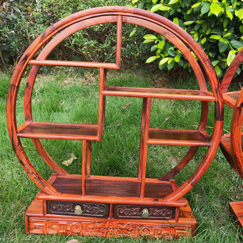 实木质博古架红木工艺品小件大红酸枝圆形博古架多宝阁展示架