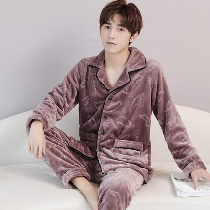 春秋季男士珊瑚绒睡衣冬天薄款法兰绒长袖两件套装春天薄绒家居服