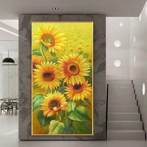 工厂直销玄关向日葵竖版十字绣满绣新款线绣印花十字绣