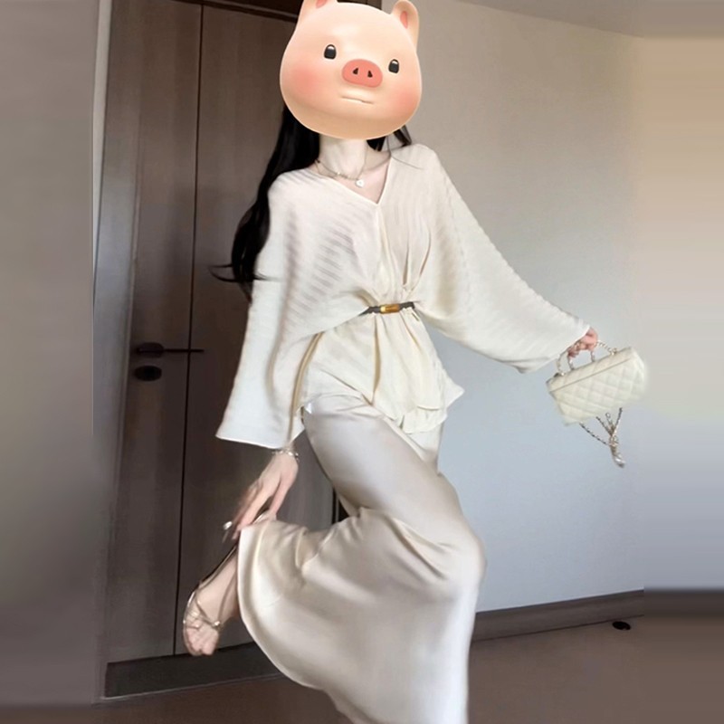 高货速发法式v领上衣女坠垂感阔腿裤秋冬韩系穿搭2025新款高级感
