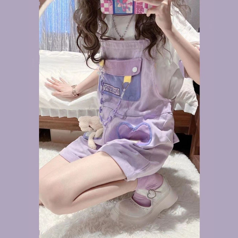 轻奢高货学院风多巴胺穿搭牛仔背带短裤女小个子显高甜美韩系上衣