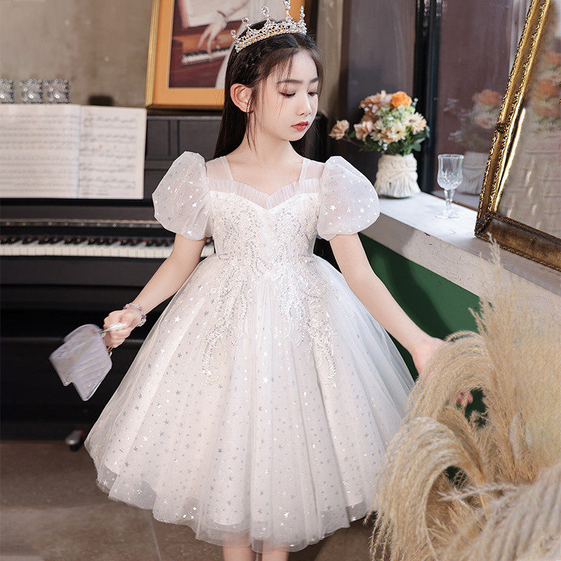 儿童礼服走秀公主裙花童婚礼小女孩白色婚纱女童钢琴主持人演出服