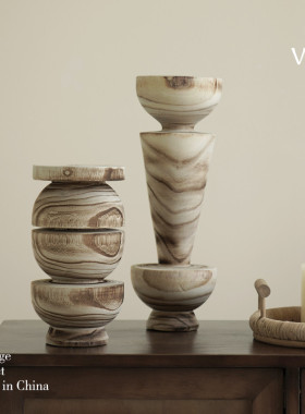 梵其侘寂风创意实木纹几何装饰摆件中古艺术样板房间酒店民宿摆设