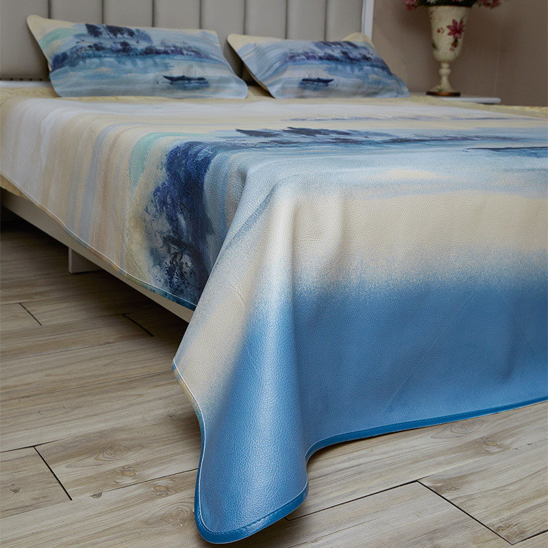 彩绘蓝色水墨花纹牛皮凉席席子层水牛皮头1.8m米床垫印花软席