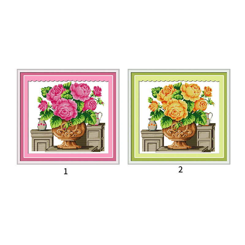 十字绣线绣简单家用客厅装饰画玫瑰花瓶小件刺绣