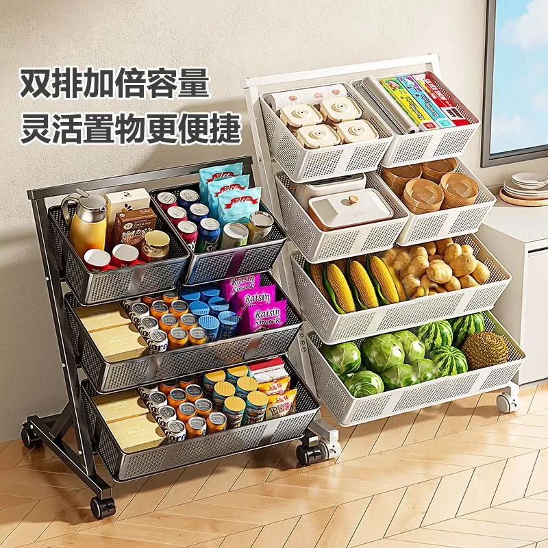 厨房菜篮子置物架落地多层水果蔬菜收纳架可移动斜口多功能小推车