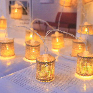 led灯串复古中式 饰串灯闪 麻布圆柱灯北欧房间庭院圣诞节日氛围装