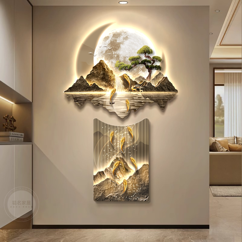立体九鱼图入户玄关装饰画轻奢客厅走廊尽头挂画正对门发光壁灯画图片