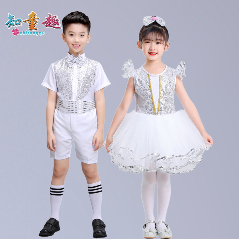 推荐六一儿童演出服幼儿园女童蓬蓬裙表演服白色亮片舞蹈服可爱公