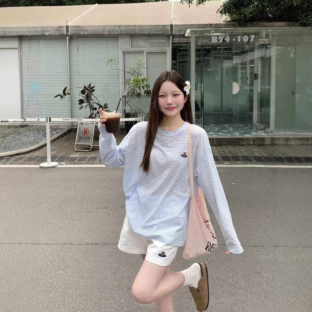 百搭条纹长袖防晒T恤女夏季2025新款刺绣宽松中长款薄款罩衫上衣
