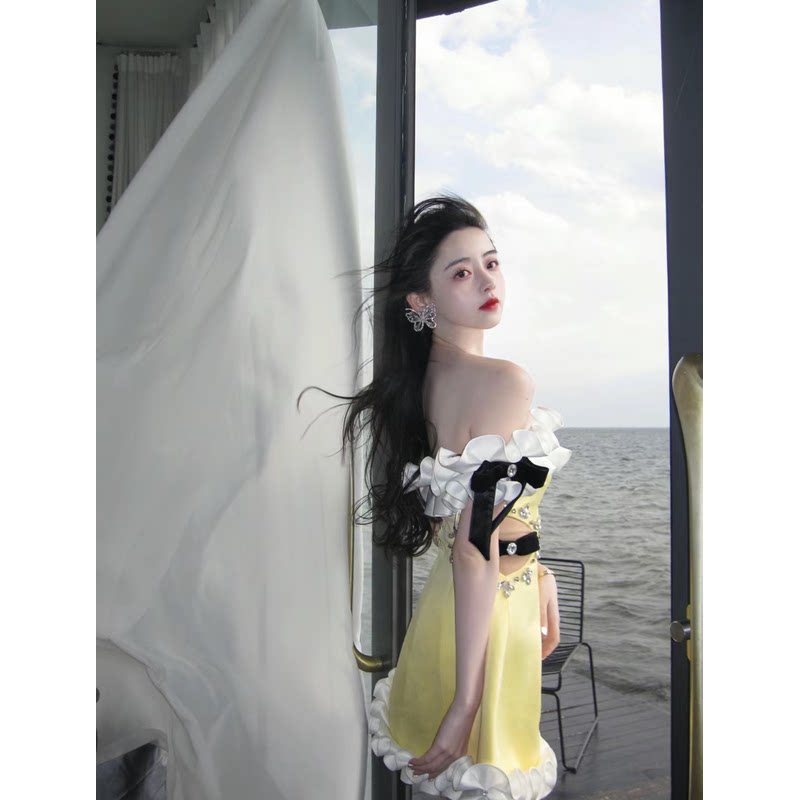 直销甜辣锁骨一字肩连衣裙甜美小个子公主生日氛围高级感裙子礼服