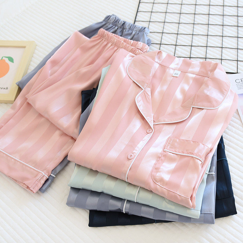 冰丝睡衣女夏季薄款长袖套装情侣款宽松大码日系高级感家居服男士