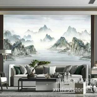 岩板批发山水电视背景墙800x2600连纹大理石板山水画岩新中式