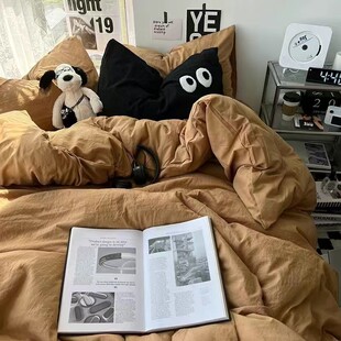 极速ins撞色双拼眼睛水洗棉四件套纯色床单被套学生宿舍床上三件