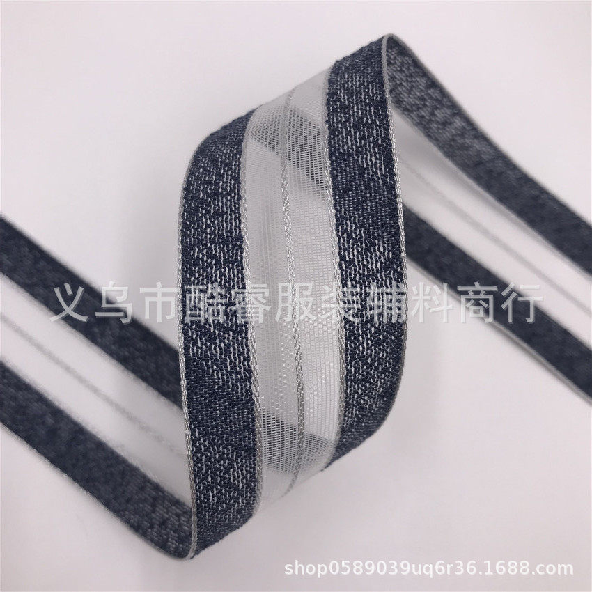 【纱织带】夏季新款2.5cm条纹银丝纱带镂空银丝雪三顶带diy蝴蝶结