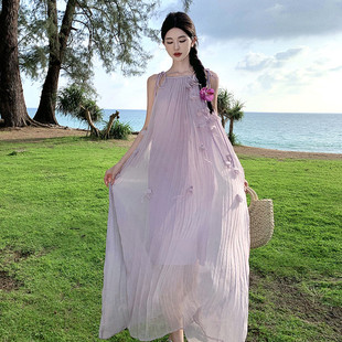 高货速发紫色吊带连衣裙女夏季 温柔海边度假风宽松沙 2025新款 法式