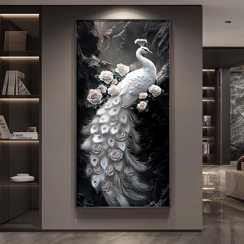 高级感浮雕立体肌理画孔雀挂画入户进门玄关装饰画走廊过道墙壁画图片