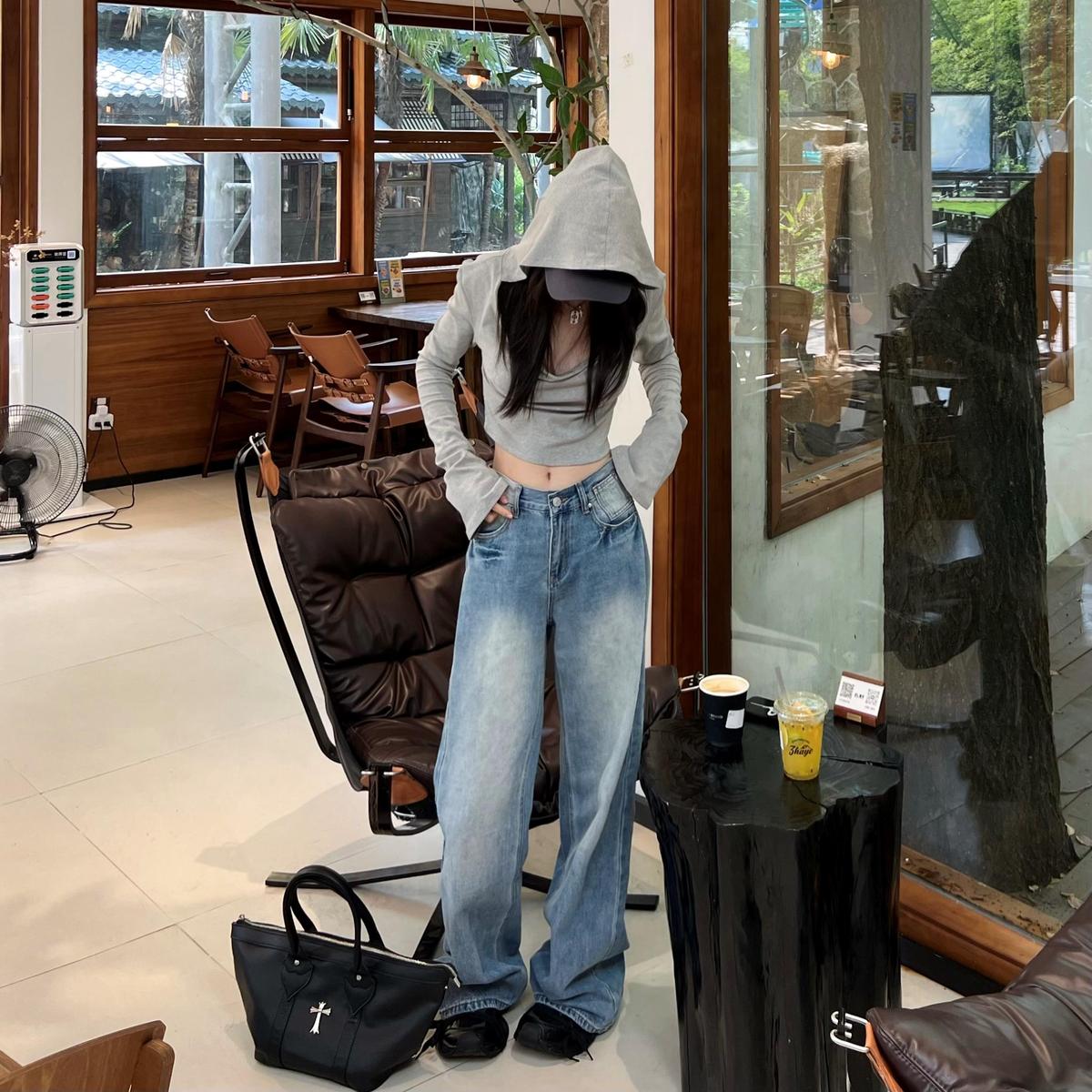 五零伍零Wuling秋季水洗直筒牛仔裤女百搭慵懒休闲宽松拖地阔腿裤