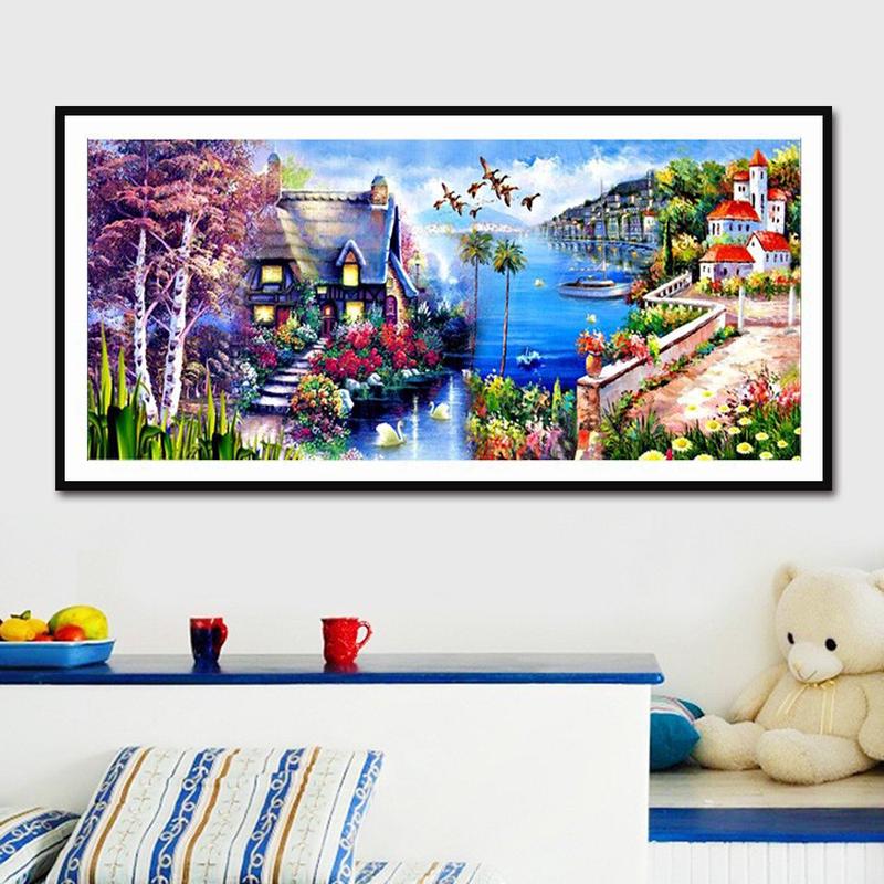 印花十字绣新款客厅油画花园小屋山水风景画十字绣客厅钻石画