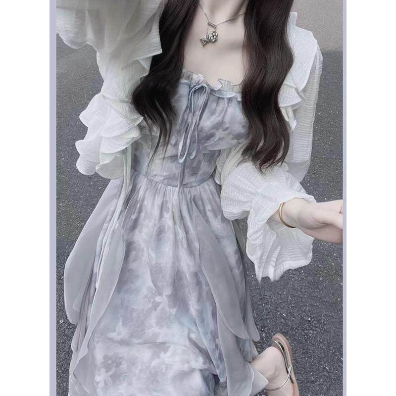 直销今年流行套装裙女吊带连衣裙冷淡风盐系穿搭防晒开衫两件套装