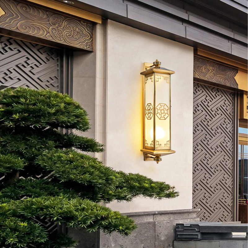 全铜新中式壁灯太阳能户外大门庭院墙壁灯别墅门口室外防水过道灯
