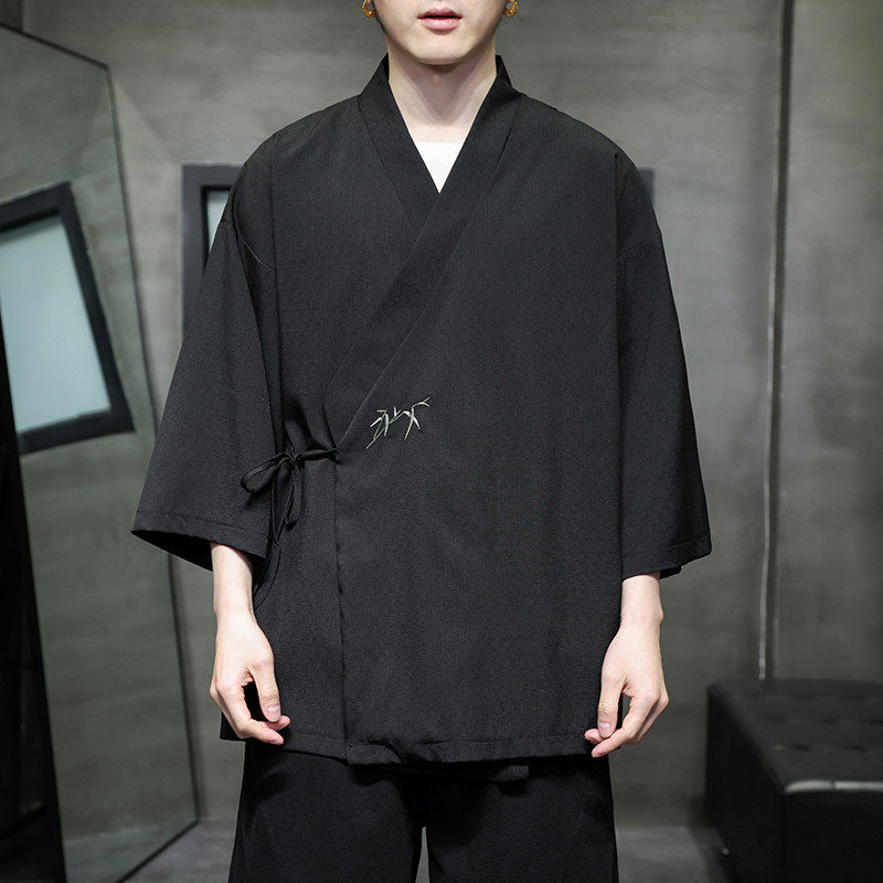 夏季薄款改良冰丝茶服中国风刺绣中袖男斜襟道袍,男装,汉服,淘宝优惠券,粉丝福利购,淘宝优惠卷