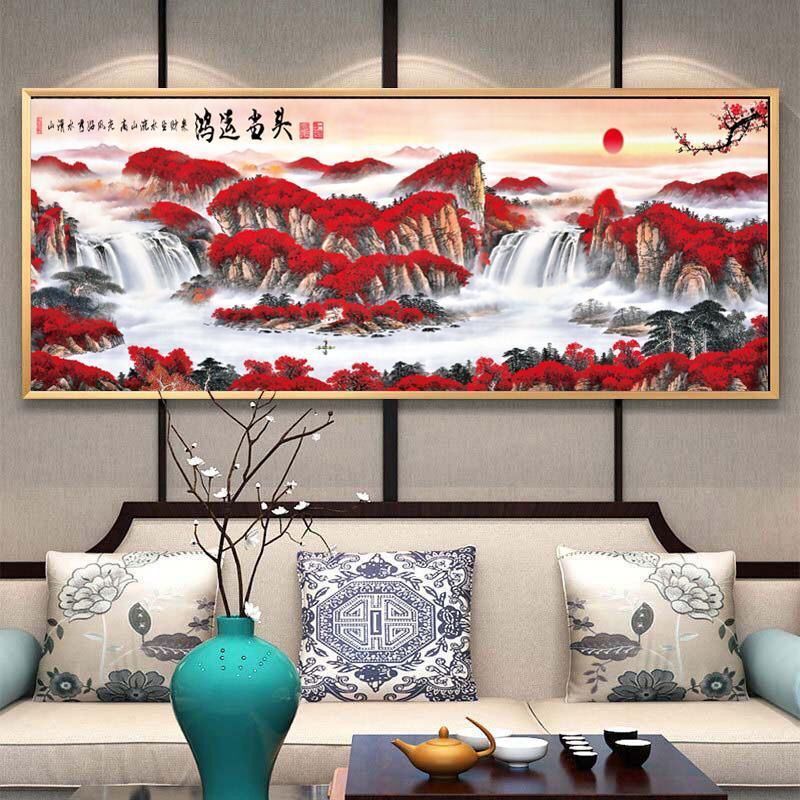 爆款鸿运满聚宝盆十字绣2020新款山水画当头绣流水生财客厅全绣