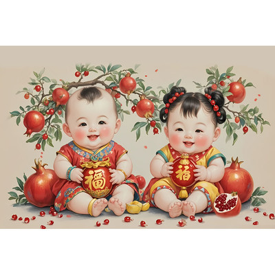 求子贴画早生贵子多子多福胖娃娃画报福娃金童玉女宝宝图海报贴画
