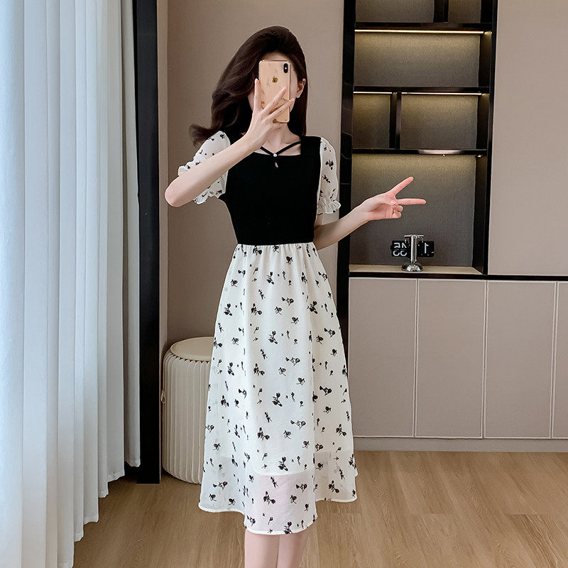 新品法式雪纺假两件连衣裙女夏款高级质感洋气时尚修身显瘦碎花长